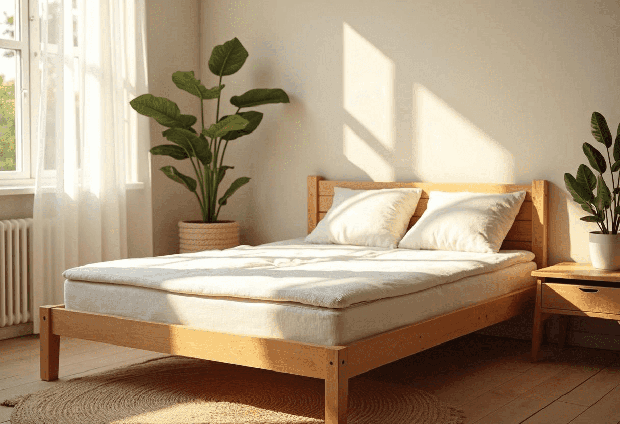 Sleep Clean Top Eco Mattresses That Are Actually Comfortable top eco mattress Organic mattress on wooden frame in natural light with fact about toxic chemicals in mattresses."