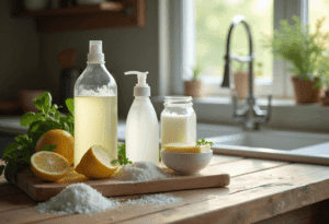 “DIY natural stain removers—vinegar, lemon, peroxide, salt, soap—on counter with basil.”