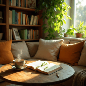 A wooden bookshelf filled with sustainable eco friendly living books