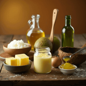 creamy beef tallow sits alongside a bowl of golden ghee, a bottle of rich green extra virgin olive oil, and a small dish of coconut oil