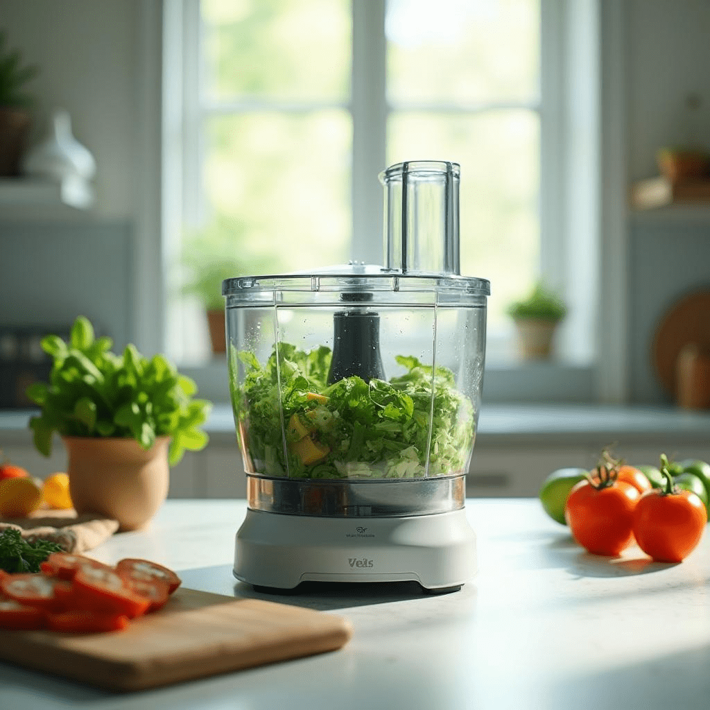 A sleek, modern kitchen countertop featuring a high-quality glass food processor filled with freshly chopped vegetables