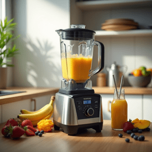 The blender, featuring a stainless steel jar, is actively blending a vibrant smoothie. Surrounding it are fresh fruits such as bananas, strawberries, blueberries, and mango slices, along with a tall glass filled with a freshly blended smoothie