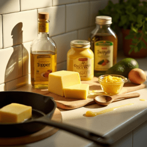 A glass jar of rich beef tallow, a golden block of Kerrygold butter, a bottle of La Tourangelle California Extra Virgin Olive Oil, and a sleek container of Chosen Foods Avocado Oil are prominently featured