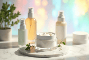 Flat lay of clean skincare products on marble vanity with soft natural light