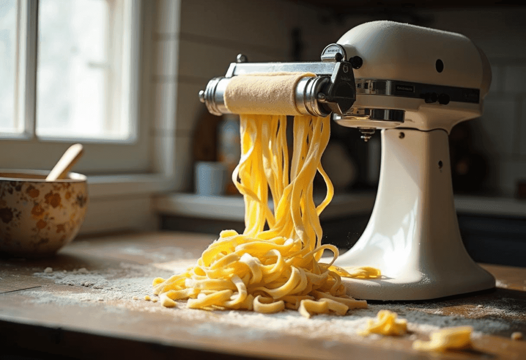 Best Stand Mixer Add-Ons 2025: Kitchen Hero Best stand mixer add-ons scene with KitchenAid Classic rolling and cutting silky dough into fettuccine