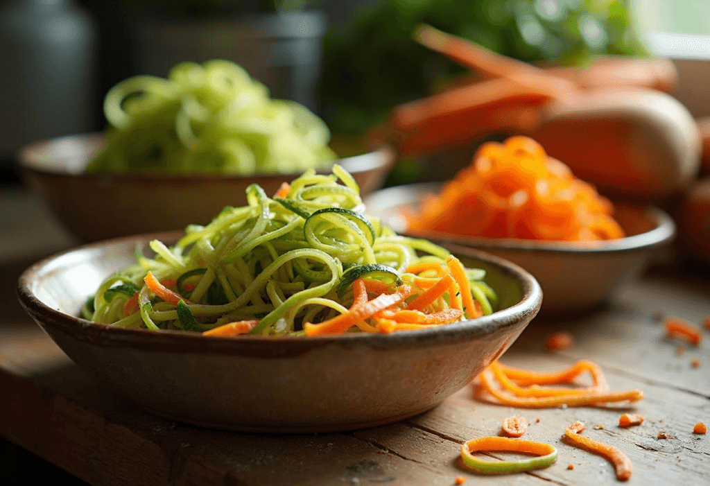 Best Stand Mixer Add-Ons 2025: Kitchen Hero Best stand mixer add-ons scene with spiralized zucchini, carrot, and beet veggies in bowls"
