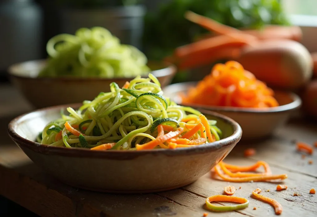 Best Stand Mixer Add-Ons 2025: Kitchen Hero Best stand mixer add-ons scene with spiralized zucchini, carrot, and beet veggies in bowls"