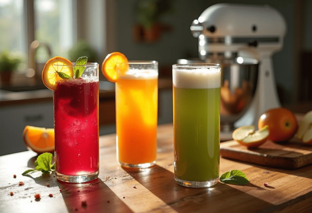 Best Stand Mixer Add-Ons 2025: Kitchen Hero st stand mixer add-ons scene with KitchenAid Classic juicer and bright juiced drinks in foreground"