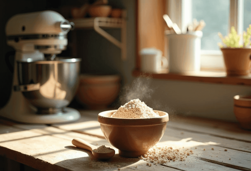 Best Stand Mixer Add-Ons 2025: Kitchen Hero Best stand mixer add-ons scene with KitchenAid Classic grain mill and bowl of nutty whole wheat flour