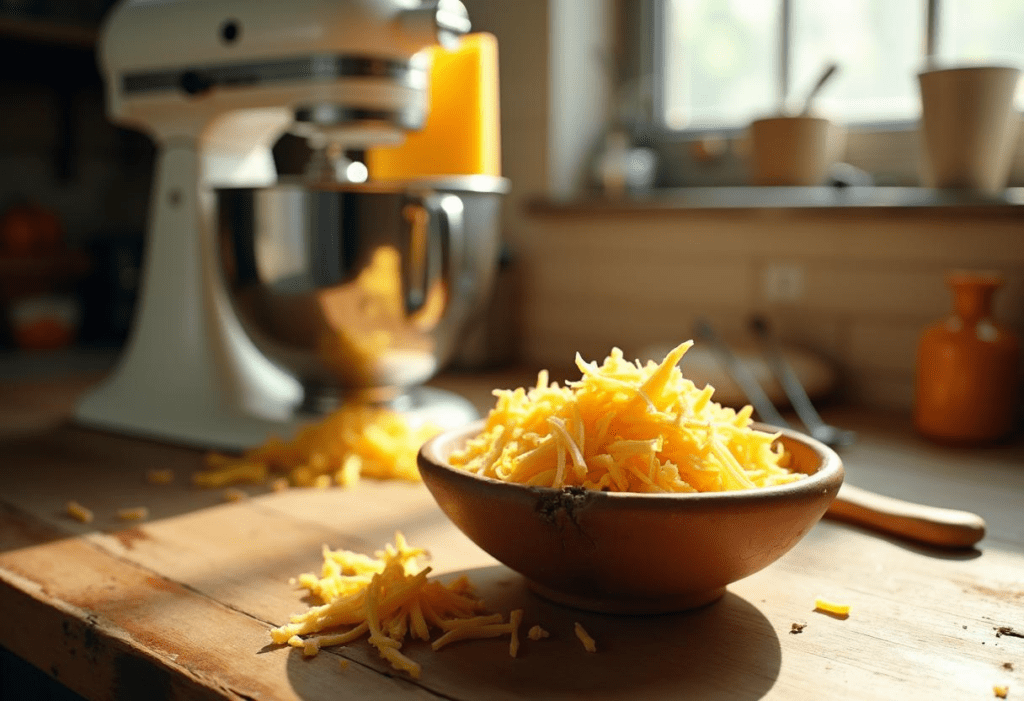 Best Stand Mixer Add-Ons 2025: Kitchen Hero Best stand mixer add-ons scene with KitchenAid Classic slicer/shredder and bowl of golden shredded cheese"