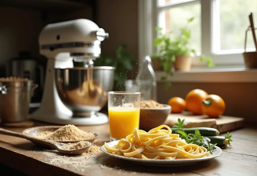 Best Stand Mixer Add-Ons 2025: Kitchen Hero Best stand mixer add-ons scene with KitchenAid Classic and bowls of flour, juice, pasta, and noodles