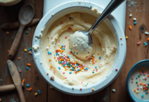 How to use an ice cream maker top view with Cuisinart ICE-21 churning creamy vanilla and sprinkles"