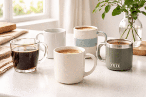 Six non-toxic coffee mugs made from glass, porcelain, ceramic, and stainless steel on a kitchen counter