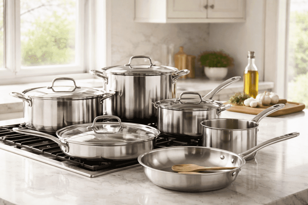 best stainless steel cookware sets - High-end stainless steel cookware set on a modern kitchen stove and marble countertop